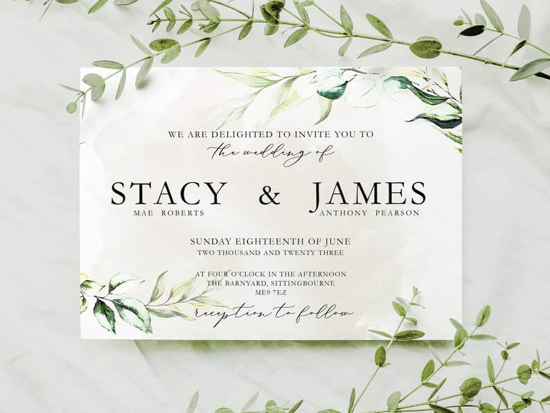 Greenery Wedding Invitation Printed